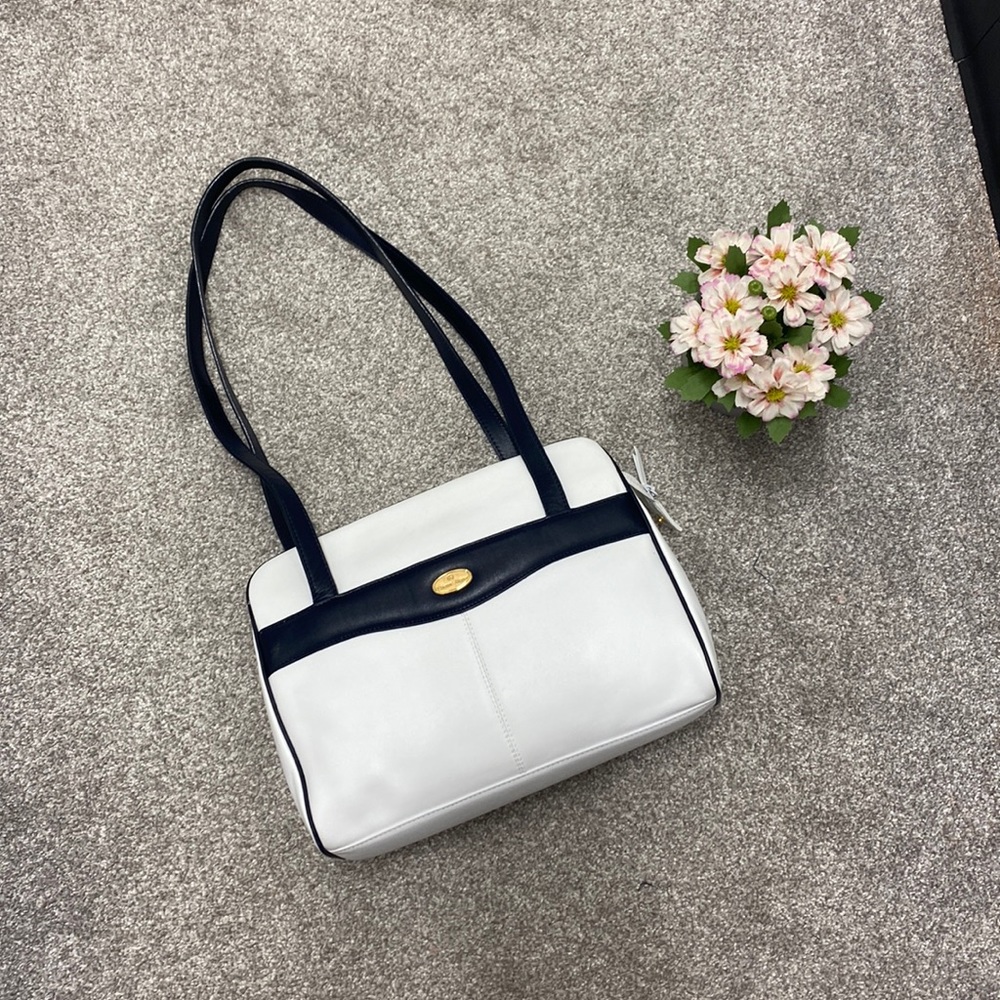 Etienne Aigner white and navy blue and gold camera style crossbody bag
